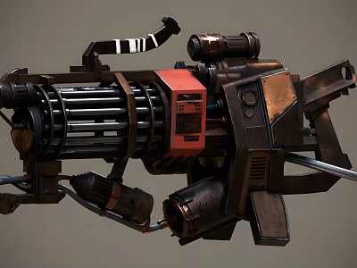 Multi Barrel Heavy Mechanical Weapon Featuring Metallic Structure Red Components And Pipes 3d model