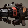 Multi Barrel Heavy Mechanical Weapon Featuring Metallic Structure Red Components And Pipes