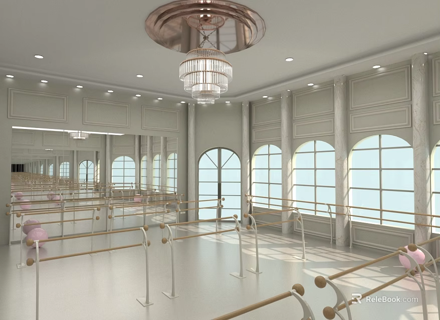 School Dance Studio With Mirrors Wooden Barres Chandelier Large Windows And White Light Colored Decor 3d model 