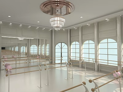 School Dance Studio With Mirrors Wooden Barres Chandelier Large Windows And White Light Colored Decor 3d model