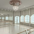 School Dance Studio With Mirrors Wooden Barres Chandelier Large Windows And White Light Colored Decor