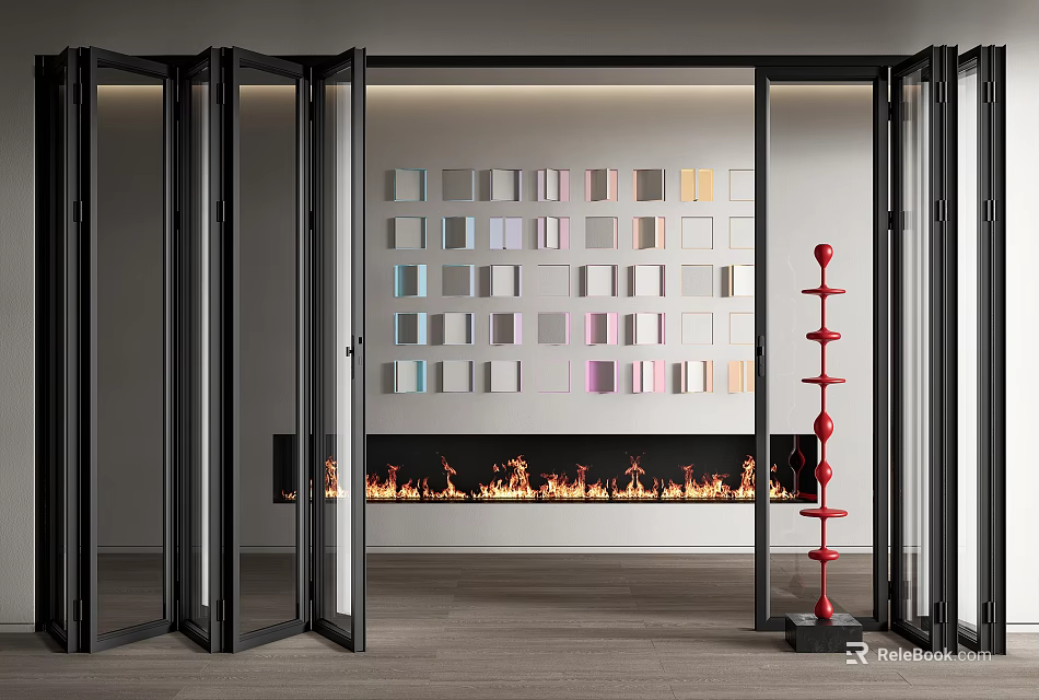 Black Frame Folding Doors Open in Modern Interior With Fireplace and Red Decorative Pillar 3d model 