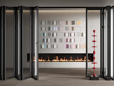 Black Frame Folding Doors Open in Modern Interior With Fireplace and Red Decorative Pillar 3d model
