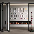 Black Frame Folding Doors Open in Modern Interior With Fireplace and Red Decorative Pillar