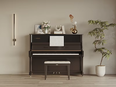 Elegant Black Piano Interior Featuring Music Sheet Vase Decorations Bench And Plant 3d model