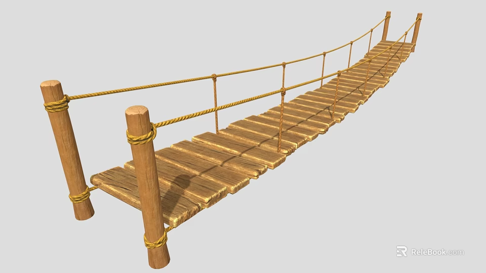 Outdoor Rope Bridge Structure With Wooden Planks Rope Railings And Wooden Posts 3d model 
