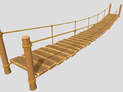 Outdoor Rope Bridge Structure With Wooden Planks Rope Railings And Wooden Posts 3d model