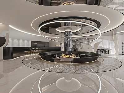 Elegant Modern Reception Desk Area With Circular Chandelier Fireplace And Marble Floor 3d model