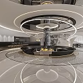 Elegant Modern Reception Desk Area With Circular Chandelier Fireplace And Marble Floor
