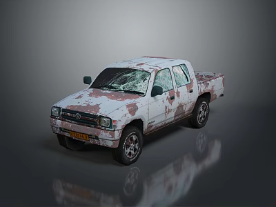 Old Rusty White Pickup Truck With Broken Windows And Worn Exterior 3d model