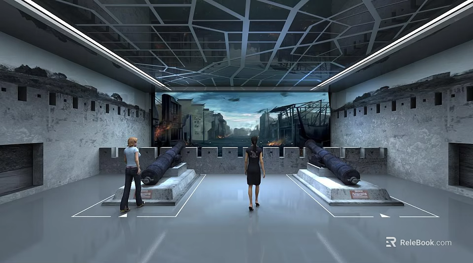 People Viewing Cannons In Industrial Interior With Large Urban Landscape Background 3d model 