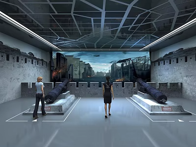 People Viewing Cannons In Industrial Interior With Large Urban Landscape Background 3d model