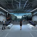 People Viewing Cannons In Industrial Interior With Large Urban Landscape Background