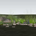 Tranquil Rock and Wood Garden Pond with Lotus Leaves and Tall Grass