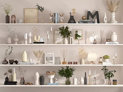 Elegant Decorative Ornament Arrangement On Layered Shelves With Vases Plants Frames And Modern Home Decor 3d model