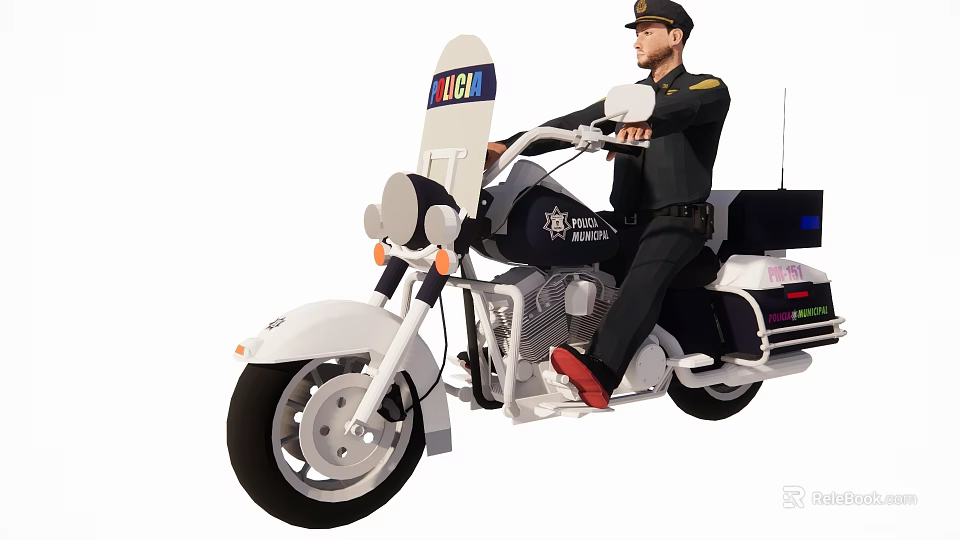 Man In Police Uniform Riding White Police Motorcycle With Helmet And Badge 3d model 