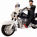 Man In Police Uniform Riding White Police Motorcycle With Helmet And Badge