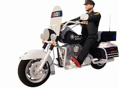 Man In Police Uniform Riding White Police Motorcycle With Helmet And Badge 3d model