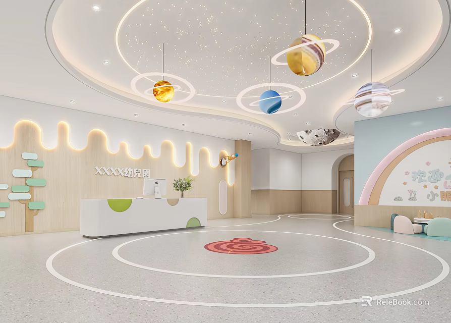 Modern Kindergarten Reception Area With Planetary Lights And Cartoon Decor 3d model 