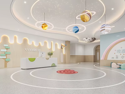Modern Kindergarten Reception Area With Planetary Lights And Cartoon Decor 3d model
