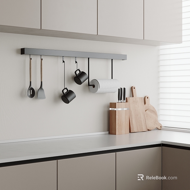 Modern Kitchen With Hanging Utensils And Cutting Boards 3d model 