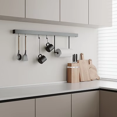 Modern Kitchen With Hanging Utensils And Cutting Boards 3d model