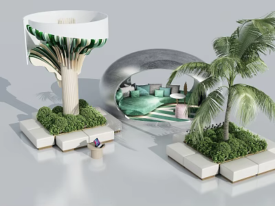 Modern Landscape Seating With Unique Curved Design And Palm Tree Greenery 3d model