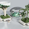 Modern Landscape Seating With Unique Curved Design And Palm Tree Greenery