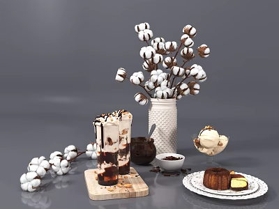 Sweet Iced Chocolate Drink Ice Cream and Cake with Cotton Decorations 3d model