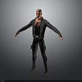 Man In Black Leather Jacket Red T-Shirt White Logo Brown Pants Black Boots Arms Outstretched