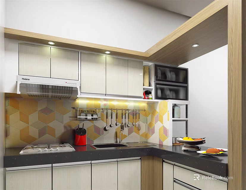 Modern Kitchen Interior With Hanging Kitchen Utensils White Cabinets Hexagonal Tile Backsplash And Range Hood 3d model 