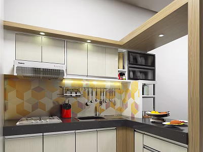 Modern Kitchen Interior With Hanging Kitchen Utensils White Cabinets Hexagonal Tile Backsplash And Range Hood 3d model