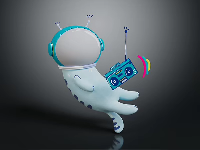 Dancing Cute White Creature With Blue Headphones Holding Radio And Colorful Beams 3d model