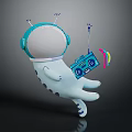 Dancing Cute White Creature With Blue Headphones Holding Radio And Colorful Beams