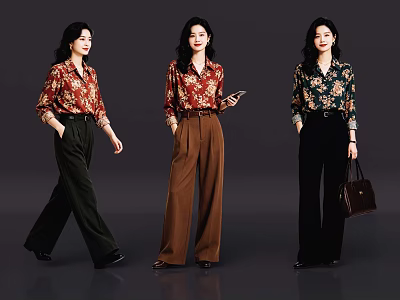 Three Women In Stylish Floral Shirts And Wide Leg Pants With Handbag 3d model