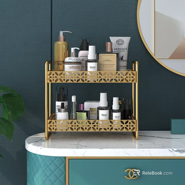 Golden Two Tier Bathroom Metal Shelf with Toiletries on Marble Countertop 3d model 