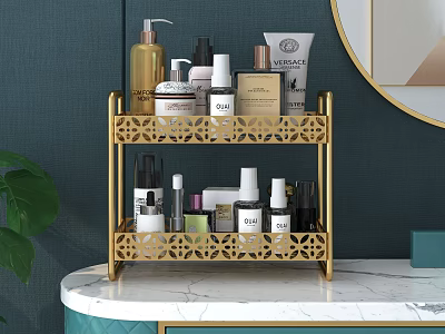 Golden Two Tier Bathroom Metal Shelf with Toiletries on Marble Countertop 3d model