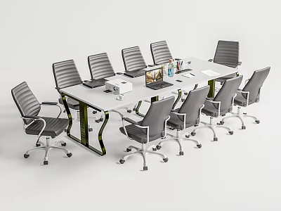Modern Conference Table With White Surface Black Metal Frame And Gray Rolling Chairs 3d model