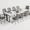 Modern Conference Table With White Surface Black Metal Frame And Gray Rolling Chairs