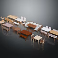 Various Styles of Furniture Collection Featuring Tables Chairs and Sofas in Wooden and White Tones