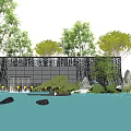 Modern Water Feature Wall Design With Reflecting Pool And Green Trees Under Blue Sky 3d model