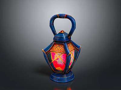 Decorative Blue Lantern With Intricate Patterns Ornate Handle And Illuminated Pink Light 3d model