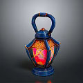 Decorative Blue Lantern With Intricate Patterns Ornate Handle And Illuminated Pink Light