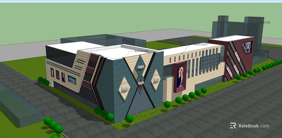 Modern Commercial Building Exterior Design With Geometric Patterns And Green Landscaping 3d model 
