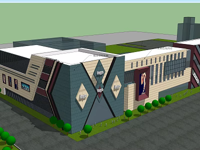 Modern Commercial Building Exterior Design With Geometric Patterns And Green Landscaping 3d model