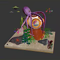 Underwater Diorama Featuring Purple Octopus Orange Diving Bell Green Plants Red Fish And Sandy Seabed