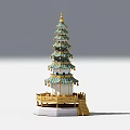 Traditional Chinese Multi Tiered Tower With Green Roof Golden Decoration And Stone Steps