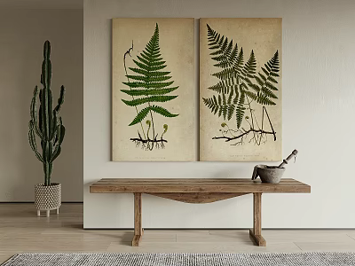 Ferns Botanical Prints Interior Decor On Wall With Cactus And Wooden Bench 3d model