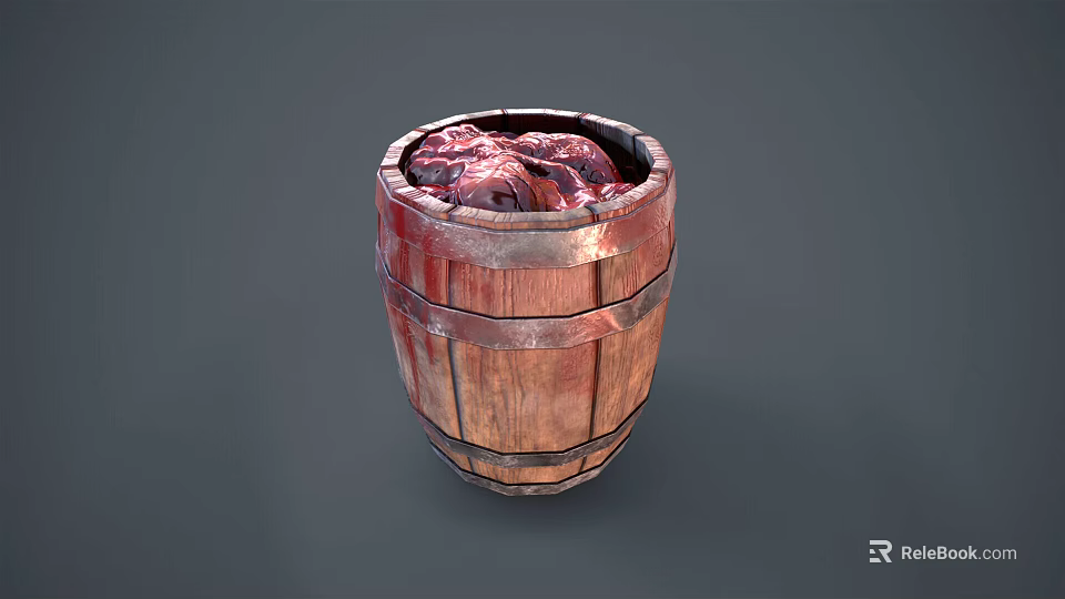 Decorative Ornament Set with Rustic Wooden Barrel and Red Contents 3d model 