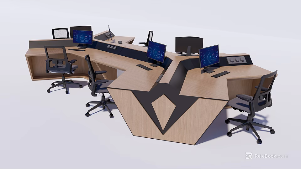 Modern Office Desk With Wooden Surface Multiple Monitors And Ergonomic Chairs 3d model 